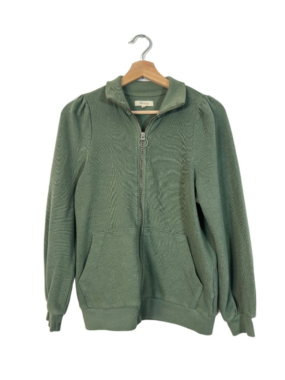 Madewell Women's Puff Sleeve Zip-Up Sweatshirt Size XS Green Athleisure Comfy